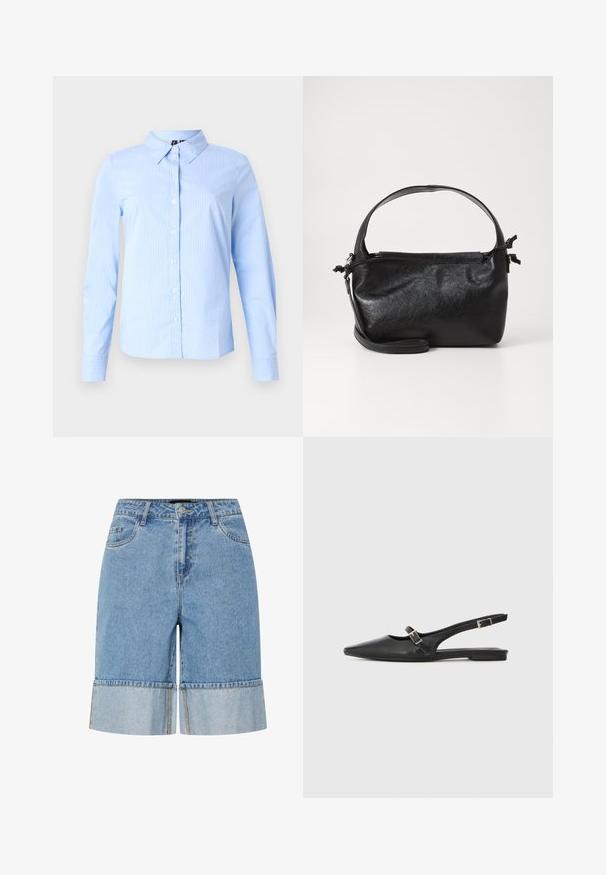 Lyseblå skjorte med lange ærmer, diskrete hvide striber og spidse kraver, vist på en ensfarvet baggrund.; Lysblå denimshorts med oprullet kant, der har knaplukning, bæltestropper og to frontlommer. Glat tekstur og afslappet design.; Sorte læder slingback-sko med spids tå, med en smal rem og en sølvspænde-detalje på siden. Flad sål.; Sort læderhåndtaske med et struktureret design, rund tophåndtag og aftagelig skulderrem. Den har en glat tekstur og en subtil glans.
