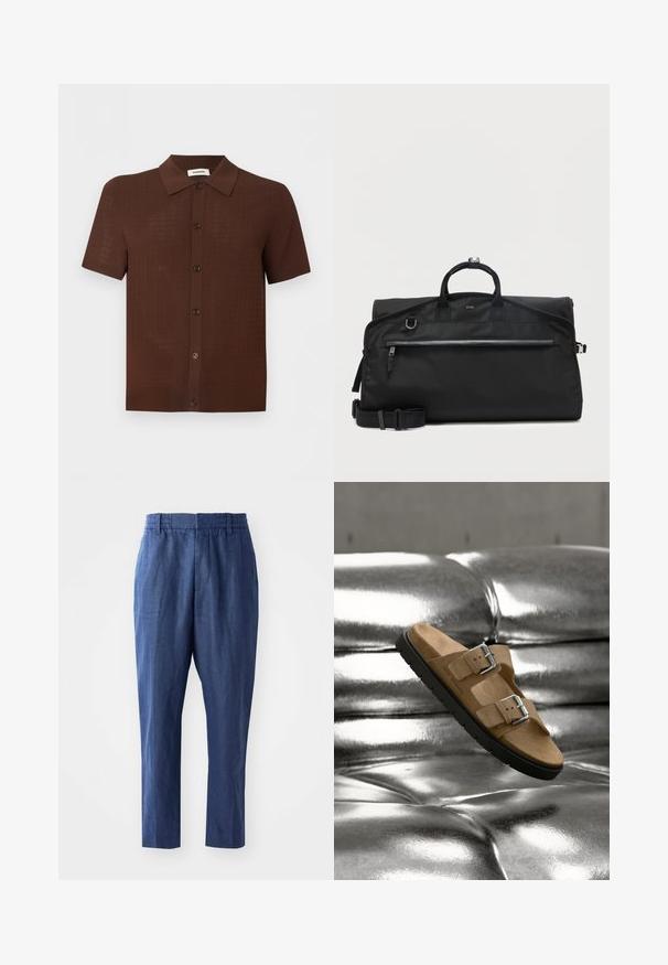 Camisa marrón de manga corta con botones, con un patrón texturizado y cuello clásico, mostrada sobre un fondo liso y claro.; Pantalones de lino azul marino con un corte relajado, cinturilla elástica y piernas ajustadas. Presentan una textura suave y detalles de costura mínimos.; Sandalia de ante marrón con dos hebillas plateadas flotando sobre una superficie plateada brillante con capitoné, mostrando detalles de suela y plantilla negras.; Bolsa de viaje negra BOSS con asas superiores, bolsillo frontal con cremallera, correa de hombro ajustable y herrajes plateados sobre un fondo blanco.