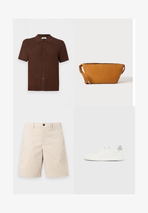 Chemise marron à manches courtes avec boutons, motif texturé et col classique, présentée sur un fond clair uni.; Shorts en coton beige avec passants pour ceinture, bouton frontal et fermeture éclair, présentés sur un fond clair uni.; Baskets basses blanches avec un onglet de talon gris, des lacets blancs et une semelle texturée, présentées sur un fond uni clair.; Sac bandoulière en cuir marron clair avec sangle réglable et fermeture éclair, présenté sur un fond clair uni.
