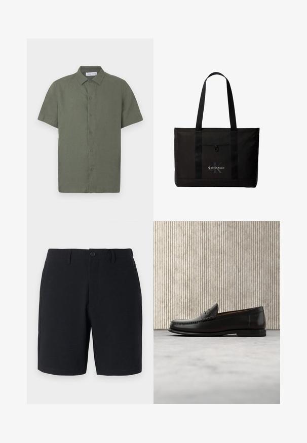 Kortärmelig, olijfgroen overhemd gemaakt van gestructureerde stof, met een knoopsluiting aan de voorkant en een klassieke kraag.; Zwarte shorts met een textuurstof, knoopsluiting, riemlussen en zijzakken; slim-fit met schone, gestikte zomen.; Zwarte leren penny loafer met lage hak, afgeronde neus en gestikte details langs de voorkant en zijkanten, afgebeeld op een neutrale achtergrond.; Zwarte Calvin Klein totebag met twee lange handvatten en een voorvak, met het logo van het merk in wit en grijs.