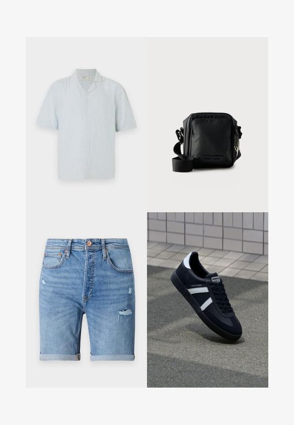Chemise à manches courtes avec boutons, en rayures bleu clair et blanches. Dotée d'un col classique et d'une coupe décontractée, fabriquée dans un tissu léger.; Shorts en denim bleu clair avec des détails déchirés, des ourlets retroussés, cinq poches et une fermeture à bouton. Fabriqués en tissu doux et respirant.; Sneaker en cuir noir avec des rayures blanches, semelle en caoutchouc texturée et devant à lacets. Présente une étiquette de marque sur la languette.; Petit sac bandoulière noir compact avec poche zippée à l'avant, bandoulière réglable et tissu texturé sur fond uni.