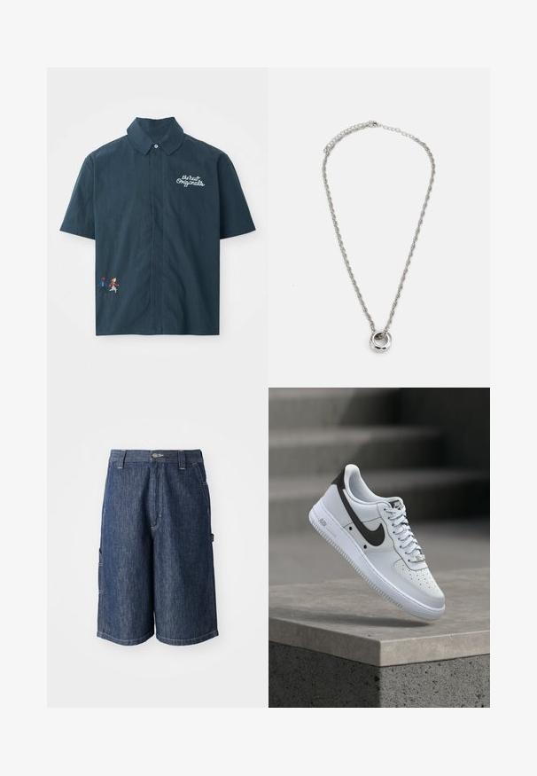 Dunkelblaues Kurzarmhemd aus Baumwolle mit Button-Down-Kragen. Beinhaltet weißen gestickten Text und ein farbenfrohes, pixeliertes Design eines Paares.; Dunkelblaue Denim-Shorts mit geradem Schnitt, fünf Taschen und sichtbaren Nähten. Mit Knopfverschluss und Gürtelschlaufen.; Weißer Nike Air Force 1 Sneaker mit schwarzem Swoosh-Logo, der über einer Betonvorsprung mit unscharfen Treppen im Hintergrund schwebt.; Silberfarbene Metallkette mit einem gedrehten Kettendesign und einem runden Anhänger mit polierter Oberfläche.