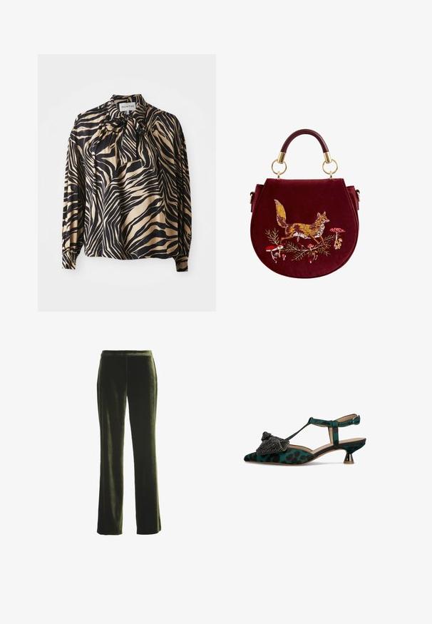 Langsleeve shirt in een gladde stof met een gedurfd zwart en gouden zebrapatroon, met een strikje bij de hals.; Donkergroene fluwelen rechte broek met een elastische tailleband, plat getoond op een witte achtergrond.; Groene slingback-schoen met luipaardprint en een puntige neus, versierd met een zwarte strik en een kleine, uitlopende hak.; Ronde bordeaux handtas met een gebogen handvat, voorzien van borduurwerk van een vos die wandelt tussen rode en witte paddenstoelen en groene bladeren.
