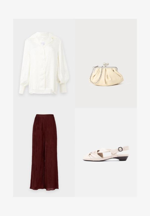 Blusa blanca con un patrón texturizado, cuello oversized y mangas abullonadas. Presenta cierre de botones y puños fruncidos. Tejido ligero.; Pantalones de pierna ancha en burdeos, fabricados en un tejido texturizado con plisados verticales. Presentan una cintura alta y un dobladillo que llega hasta el tobillo.; Sandalia de mujer beige de tacón bajo con tira frontal anudada, tira trasera al tobillo y hebilla negra sobre fondo blanco.; Clutch de cuero beige plisado con un marco de metal plateado, que cuenta con dos broches decorativos redondos y una correa de cadena plateada.