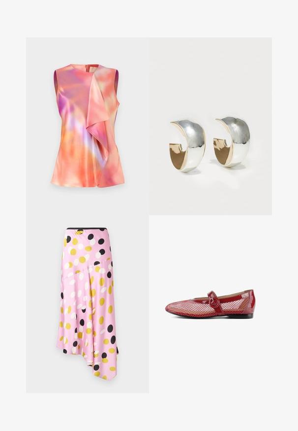 Débardeur en satin, orné d'un motif abstrait coloré dans des tons de rose, d'orange et de violet, avec un design drapé à l'avant.; Jupe asymétrique rose présentant un mélange de gros pois noirs, blancs et jaunes, confectionnée dans un tissu lisse à la texture douce.; Ballerines en cuir verni rouge avec une superposition en mesh, détail de boucle circulaire sur la sangle, bout pointu et petit talon noir.; Uncommon Matters SCULPTED CREOLE - Boucles d'oreilles - silver-coloured/gold-coloured