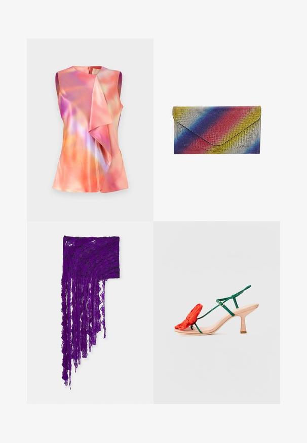 Sleeveless top in satin fabric, featuring a colorful abstract pattern of pink, orange, and violet tones, with a draped front design.; Purple lace scarf with a scalloped edge. Features long, flowing strands and intricate floral patterns throughout. Lightweight and textured.; Loeffler Randall FRANK - Ankle cuff sandals - nude/green/red; Sequin clutch in gradient colors of red, blue, yellow, and black. Rectangular shape with a flap closure and textured surface.