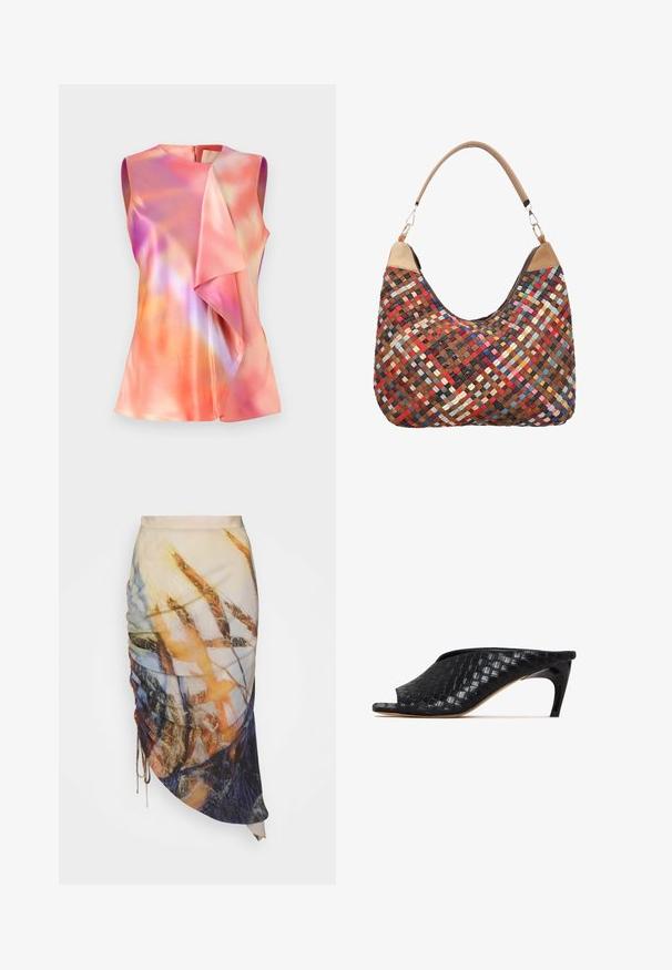 Ærmeløs top i satinmateriale, der præsenterer et farverigt abstrakt mønster med nuancer af pink, orange og violet, samt en draperet frontdesign.; Materiel DIAGONAL GATHERED SKIRT - Pencil skirt - golden hour; Sorte vævede mule-sandaler med åben tå og en slank, buet hæl. Materialet har en blank finish og viser et tekstureret, ternet mønster.; Håndvævet flerfarvet skuldertaske i læder med beige læderdetaljer og en enkelt tanfarvet hank med metalklemmer.