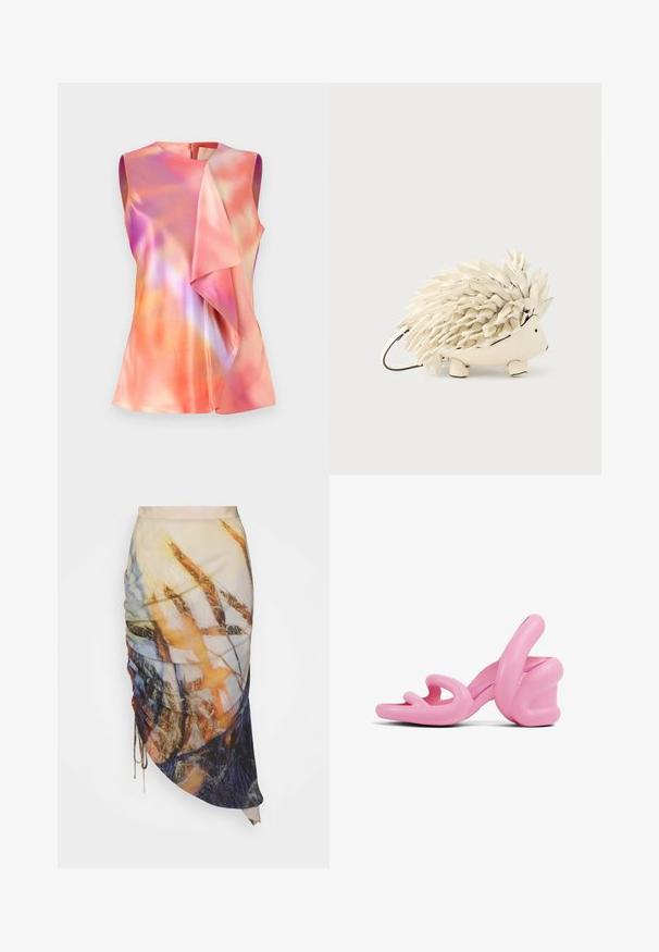 Mouwloos topje van satijnstof, met een kleurrijk abstract patroon van roze, oranje en violet tinten, en een gedrapeerd voorkant ontwerp.; Materiel DIAGONAL GATHERED SKIRT - Kokerrok - golden hour; Roze sculpturale hoge hakken sandaal met een golvend ontwerp en een chunky hak, gemaakt van glad plastic met uitsparingen in het teengebied.; Egelbeeldje gemaakt van crèmekleurig leer met een stekelige textuur, een rond lichaam, korte pootjes en kleine oogdetails.