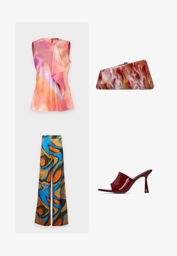 Mouwloos topje van satijnstof, met een kleurrijk abstract patroon van roze, oranje en violet tinten, en een gedrapeerd voorkant ontwerp.; Wijduitlopende broek met een veelkleurig abstract patroon in blauw, oranje en bruine tinten. Gemaakt van lichtgewicht stof met een gladde textuur.; Rode gepatenteerde leren muiltjes met een open teen, gebogen bovenkant en een slanke hak. Zachte textuur met een glanzende afwerking en een minimalistisch ontwerp.; Clutchtas met trapeziumvorm, voorzien van een golvend patroon in rood, wit en goud dat op marmer lijkt, en een zilveren sluiting bovenaan.