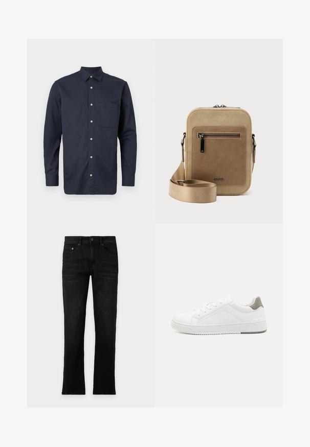 Marine blauwe overhemd met lange mouwen van katoen, met een button-down kraag, een voorzak en een rij zilveren knopen aan de voorkant.; Zwarte straight-leg jeans met voor- en achterzakken, knoop- en ritssluiting, plat neergelegd op een lichte achtergrond. Geen zichtbare slijtage of merklogo.; Witte sneaker van glad leer met een ronde neus, minimalistisch ontwerp, grijze hielaccent en een geplaatste rubberen zool.; Kleine beige crossbodytas met een voorvak met ritssluiting, metalen ALDO-logo, verstelbare brede band en afgeronde rechthoekige vorm op een witte achtergrond.