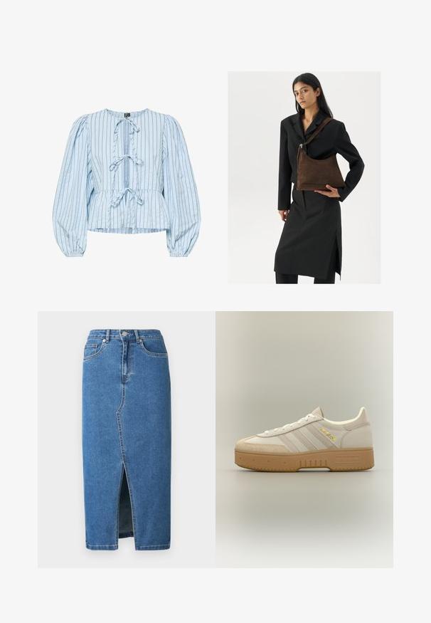 Lichtblauwe peplumblouse van gestreepte katoen. Kenmerken: ronde hals, sluiting met een strik aan de voorkant, pofmouwen en geplooide details bij de taille.; Denim midi-rok in blauw. Voorzien van een voorsplit, een hoge tailleband en een ontwerp met vijf zakken. Klassieke stiksels en metalen hardware accenten.; Crèmekleurige en beige Adidas-sneaker met gumzool, drie strepen aan de zijkant en "SPECIAL" in goud geschreven bij de veters.; Vrouw in een zwarte blazer en rok, met een grote donkerbruine suède schoudertas tegen een witte achtergrond.