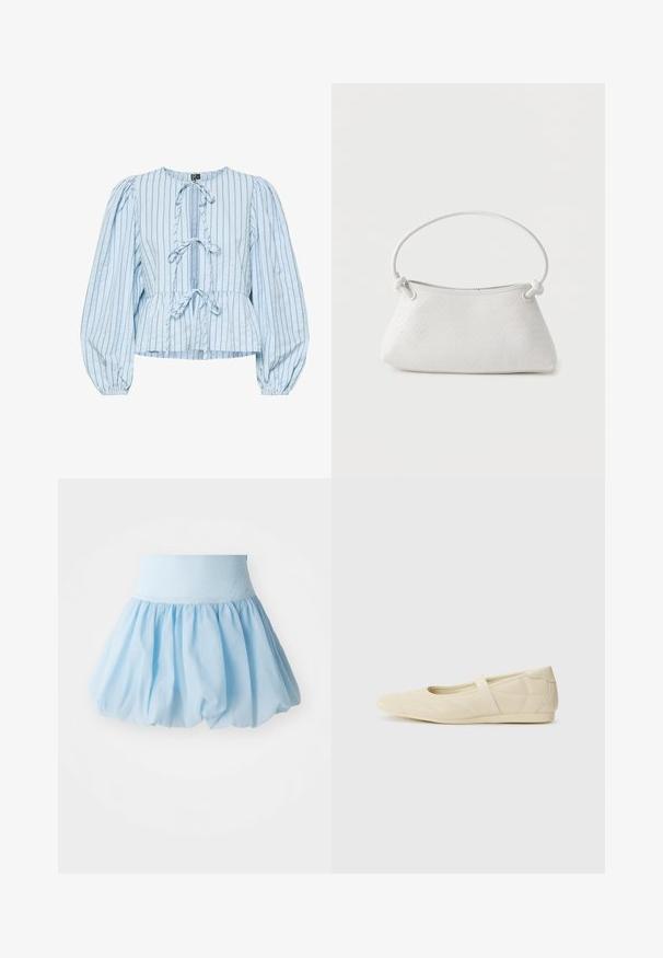 Blouse peplum bleu clair en coton rayé. Présente un col rond, une fermeture à nouer sur le devant, des manches bouffantes et des détails froncés à la taille.; Jupe bouffante bleu clair avec une large ceinture élastique. Fabriquée en tissu doux et léger avec un design fluide et froncé.; Ballerines beiges avec une exterior en cuir lisse, un bout en forme d'amande et une sangle élastique sur le coup de pied, avec des détails de couture subtils.; Sac à main en cuir tressé blanc avec poignée arrondie et extrémités de lanière nouées, présenté sur un fond uni.