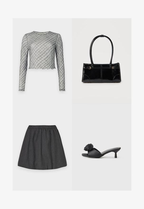 Langærmet, cropped top i gennemsigtig grå med let skrå striber. Har rund halsudskæring og bølget afslutning. Blød tekstur, tætsiddende form.; Sorte stribede nederdel med elastisk talje, har lodrette hvide pinstriber, svajet design og glat tekstur. Velegnet til afslappet brug.; Sort højhælet sandalet med en glat tekstur, åben tå og blomsteraccent på remmen. Kompakt hældesign.; Glansfuld sort rektangulær håndtaske med to tynde skulderremme og små guldbeslag foran.