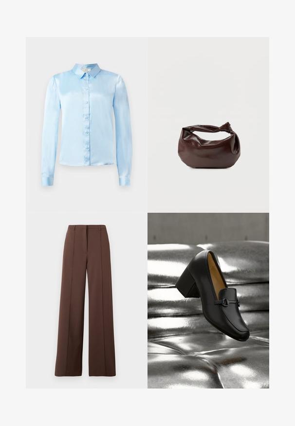 Chemise bleu clair à manches longues en satin, avec un col, une rangée de boutons sur le devant et des poignets ajustés.; Pantalons larges marron avec une texture lisse, présentant un pli à l'avant et une taille plate sans poches visibles ni éléments métalliques.; Mocassin à talon haut en cuir noir avec un bout arrondi, une bride décorative et un petit détail métallique. Texture lisse et design élégant.; Sac bandoulière en cuir marron foncé avec une forme souple et décontractée et une anse nouée torsadée sur un fond blanc uni.