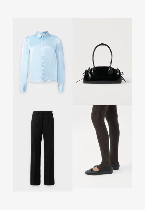 Chemise bleu clair à manches longues en satin, avec un col, une rangée de boutons sur le devant et des poignets ajustés.; Pantalons droits noirs sur mesure avec passants de ceinture et pli sur le devant, présentés sur un fond neutre.; Jambes portant des leggings côtelés foncés associés à des ballerines noires avec de petits détails en nœud sur fond blanc.; Petit sac à main noir brillant avec deux longues anses et des détails à cordon sur les côtés sur un fond clair uni.