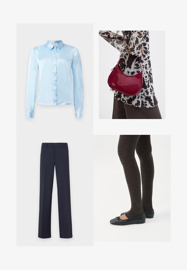 Camisa de botones de manga larga color azul claro, hecha de tela de satén, con cuello, botones individuales en la parte delantera y puños ajustados.; Pantalones rectos de color azul marino, confeccionados con una tela suave. Presentan un cierre frontal con botones y bolsillos laterales. Diseño sencillo y moderno.; Piernas con leggings oscuros acanalados combinados con bailarinas negras que presentan pequeños detalles de lazo sobre un fondo blanco.; Mujer con blusa de estampado en blanco y negro sosteniendo un bolso de hombro rojo brillante sobre un fondo liso.