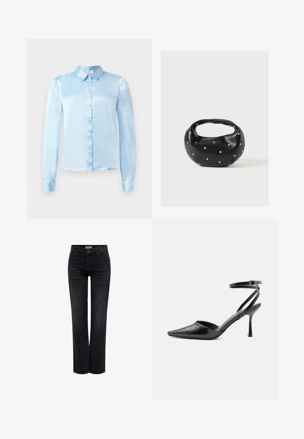 Lyseblå, langærmet skjorte med knaplukning lavet af satin, med krave, enkle knapper foran og tætsiddende manchetter.; ONLY BLUSH MID STRAIGHT NOOS - Jeans Straight Leg - washed black; Sort spids højhælet sko med tynde ankelremme og sølvspænde på en ensfarvet lys baggrund.; Sort læderhåndtaske med en rundet form, dekoreret med sølvnitter, og et kort håndtag. Glat tekstur og lynlåslukning.