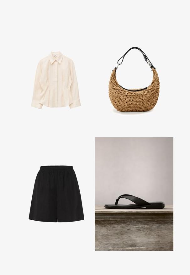 Blusa beige de manga larga con cuello puntiagudo, botones delanteros ocultos y pliegues sutiles en la cintura, mostrada sobre fondo blanco.; Pantalones cortos de algodón negros con cinturilla elástica, con un ajuste holgado y un diseño de pierna recta. Textura suave, sin patrones o acentos adicionales.; Chancla negra con suela plana y tiras delgadas. Fabricada con caucho liso, presenta un diseño minimalista. Marca sencilla en la plantilla.; Bolso de mano de paja trenzada en beige con una silueta curva, que presenta una correa de cuero negro y detalles metálicos plateados. Acabado texturizado.