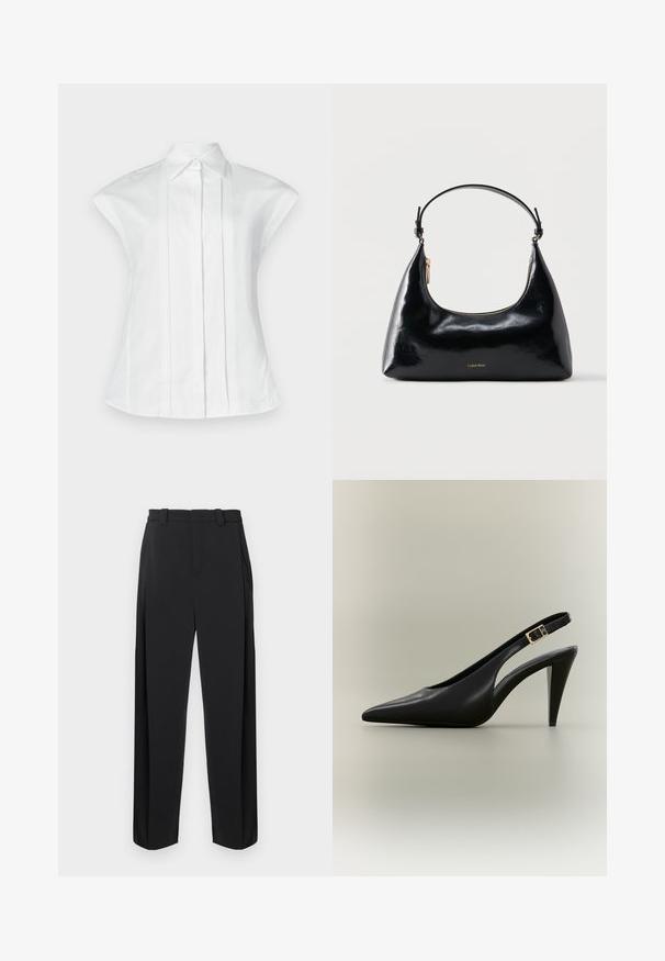 Blouse blanche avec un col structuré, des manches courtes style casquette et des plis à l'avant. Confectionnée en tissu lisse, elle présente un bouton unique au col.; Pantalon noir à taille haute, devant plissé, jambes droites. Confectionné dans un tissu lisse, avec passants de ceinture et poches latérales.; Escarpin à bride arrière en cuir noir avec bout pointu, boucle dorée et talon effilé sur un fond neutre.; Sac à main Calvin Klein noir brillant avec fermeture éclair dorée et anse courte sur fond blanc uni.