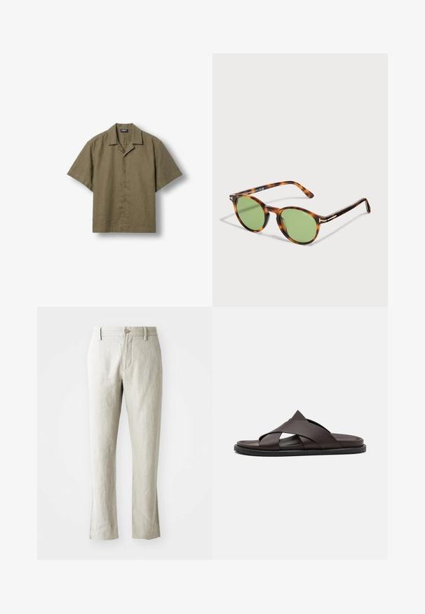 Chemise kaki à manches courtes avec boutons et col camp, présentée à plat sur un fond clair.; Pantalons en lin beige clair à coupe droite, texture subtile, fermeture à bouton devant et deux poches latérales. Conçus pour une silhouette épurée.; Stuart Weitzman BERKLEY - Mules - espresso; Lunettes de soleil rondes écaille de tortue avec verres verts et branches fines, signées Tom Ford sur le verre et la monture.