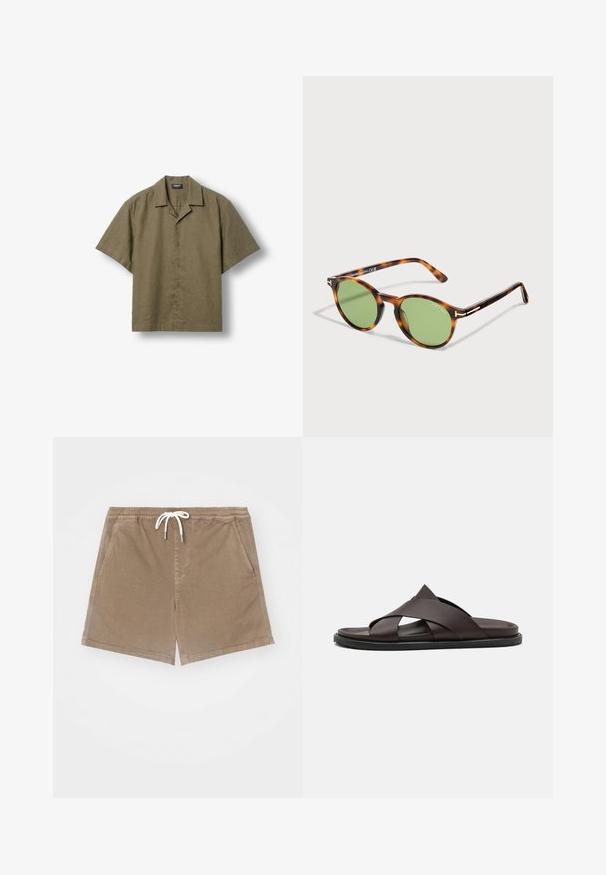 Chemise kaki à manches courtes avec boutons et col camp, présentée à plat sur un fond clair.; Shorts en coton marron avec une taille élastique et un cordon de serrage blanc, dotés de deux poches latérales et d'une coupe droite.; Stuart Weitzman BERKLEY - Mules - espresso; Lunettes de soleil rondes écaille de tortue avec verres verts et branches fines, signées Tom Ford sur le verre et la monture.