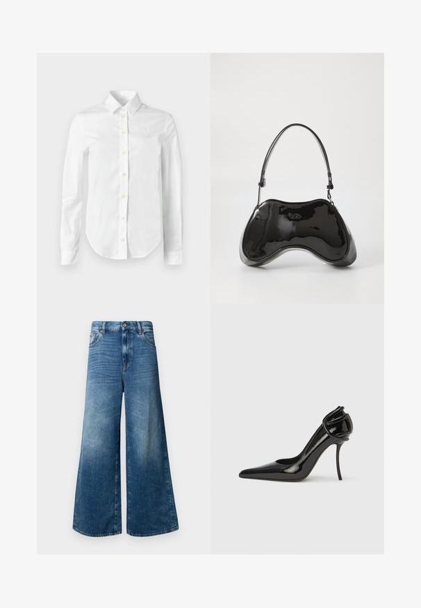 Hvid langærmet skjorte lavet af bomuld, med spids krave, knaplukning foran med gule knapper og en diskret logo-brodering på brystet.; Bredde denim jeans i mellemblå med et klassisk fem-lomme design, knaplukning og let falmning for ekstra tekstur.; Sort laklædersko med høj hæl, spids tå og åben hæl. Har en unik buet detalje ved hælen. Slank og glansfuld finish.; Sort patentlæder håndtaske med en unik buet form, kort justerbar hank og en lynlåslukning i toppen. Glat tekstur med diskret branding.