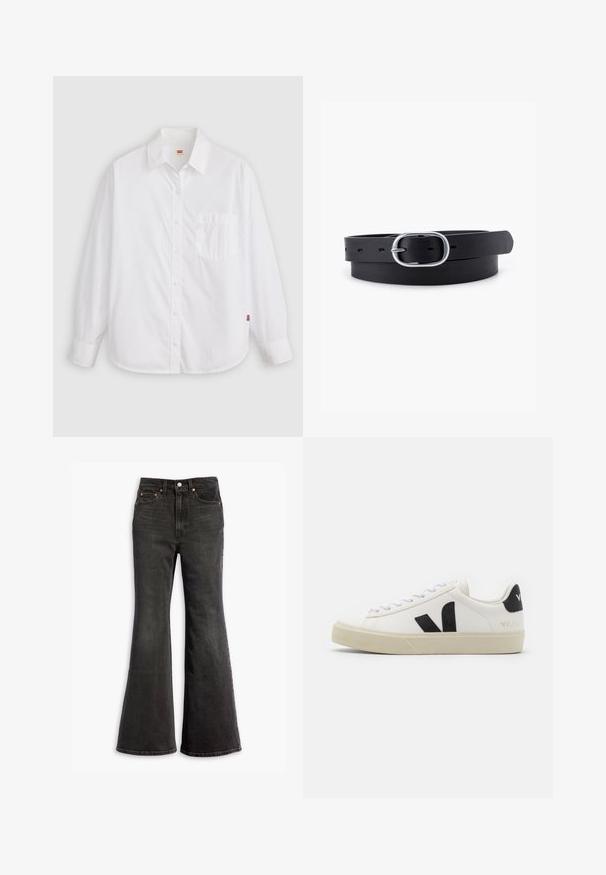 Witte blouse met lange mouwen, knopen, kraag en een linker borstzak, plat neergelegd op een lichte achtergrond.; Zwarte high-waisted denim jeans met een flared leg, vijf-pocket ontwerp en koperen klinknagels.; Witte leren sneaker met zwart rubberen V-logo. Getextureerde off-white zool, witte veters en een achterkant met een detail van de merknaam in het zwart.; Zwarte leren riem met een gladde textuur, ovaal zilveren metalen gespsluiting en meerdere verstelgaten langs de band. Platte, minimalistische uitstraling.