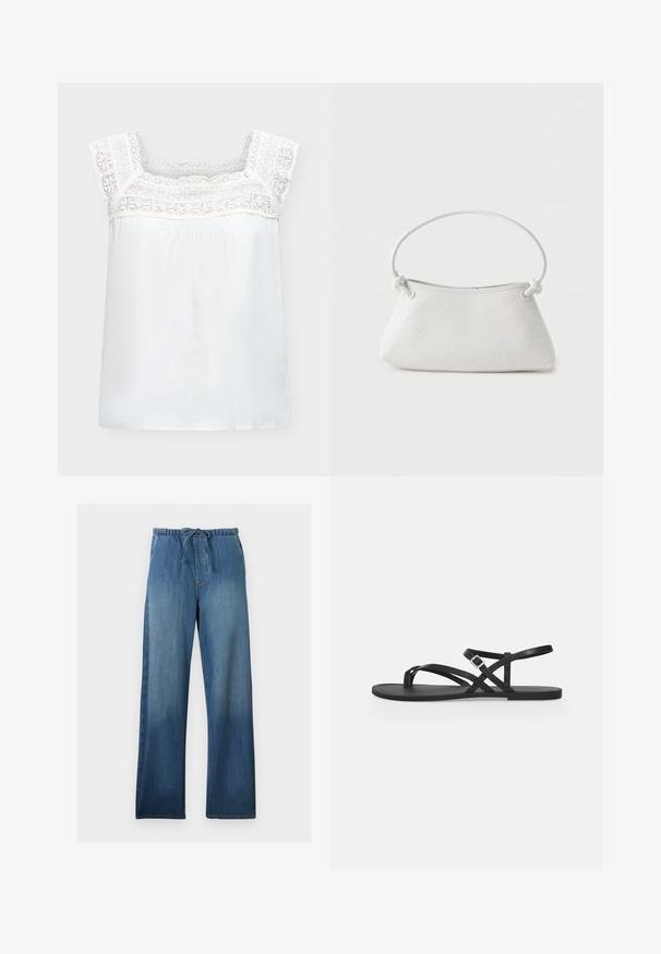 Blouse blanche sans manches avec larges bretelles en dentelle et détail en dentelle le long de l'encolure carrée et de la poitrine haute.; Pantalon en denim bleu à jambes larges avec taille élastique et cordon, présentant un effet délavé sur le devant des jambes.; Sandale plate noire avec fines brides, boucle réglable à la cheville et bride pour l’orteil sur un fond gris clair uni.; Sac à main en cuir tressé blanc avec poignée arrondie et extrémités de lanière nouées, présenté sur un fond uni.