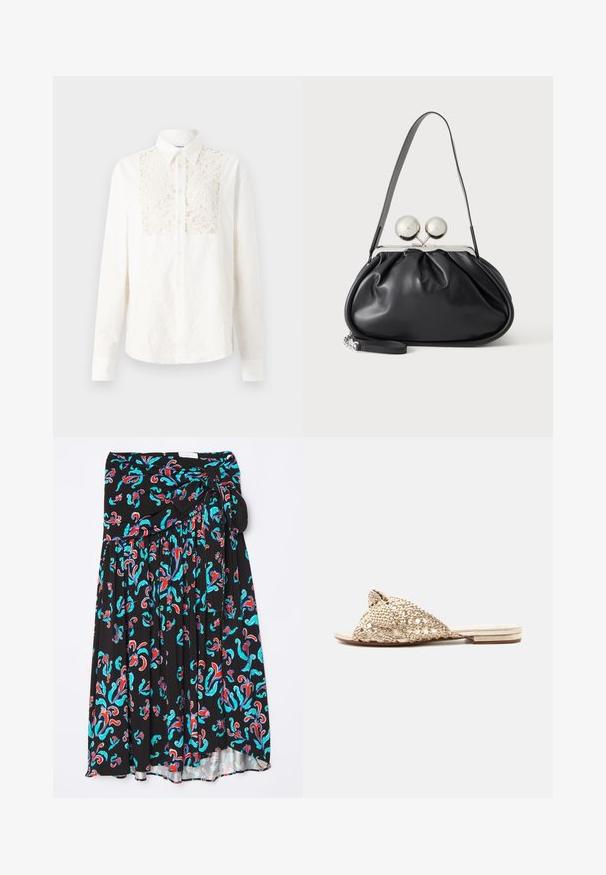 Soulland RADO SHIRT - Blusa - off white; Falda midi negra con un colorido patrón floral en rojo y turquesa, con una cinturilla con lazo y diseño plisado para mayor textura.; Sandalia plana con tiras anchas beige tejidas que cruzan sobre el pie y un tacón bajo apilado sobre un fondo blanco.; Bolso de mano de cuero negro con diseño fruncido, una sola correa, marco metálico plateado y dos cierres grandes redondos de plata.