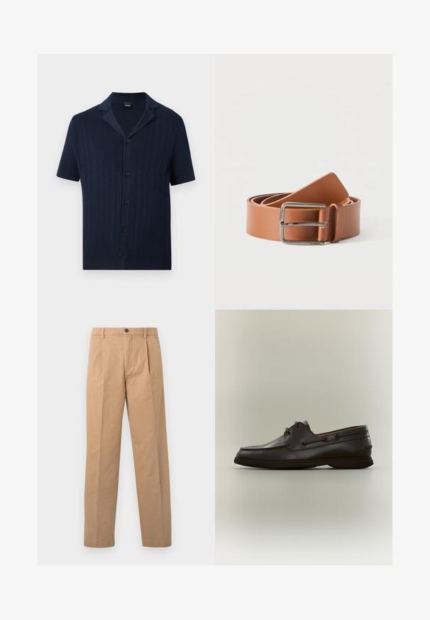 Marineblauw kort mouw gebreid shirt met verticale geribbelde structuur, knoopsluiting vooraan en open kraag van het merk BOSS.; Khaki broek met een rechte pijpdesign, gemaakt van katoen; heeft een enkele knoopsluiting en twee voorplooien.; Donkerbruine leren bootschoen met veterdetails en rubberen zool, zijaanzicht tegen een neutrale achtergrond.; Lichtbruine leren riem opgerold met een glanzende zilveren rechthoekige metalen gesp op een witte achtergrond.