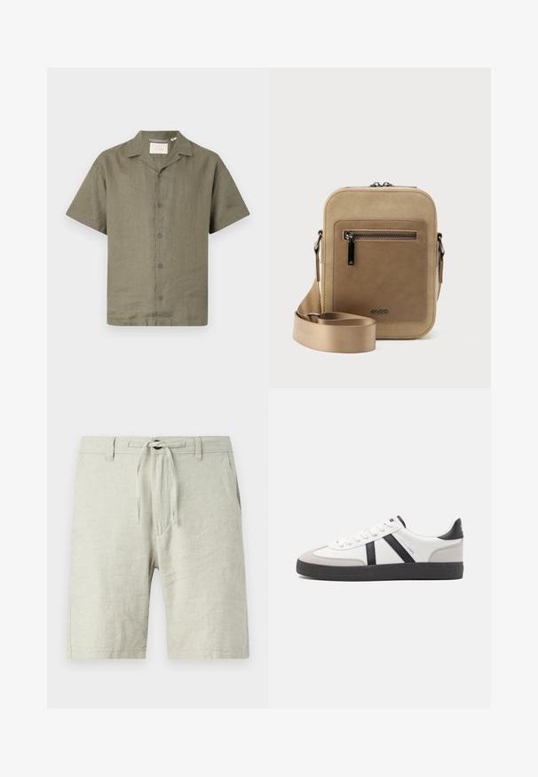 Camisa de manga corta en lino verde oliva con un cuello tipo camp y seis botones a juego en el frente, que presenta un corte relajado y una tela texturada.; Pantalones cortos de lino gris claro con cintura elástica y cordón, bolsillos laterales y un ajuste relajado. Tejido texturizado con ligero brillo.; Zapatilla blanca con acentos en negro y gris, que presenta una puntera texturizada en gris, suela de goma negra y cordones planos blancos. Diseño limpio, estilo minimalista.; Bolso pequeño beige tipo bandolera con bolsillo frontal con cremallera, logo metálico de ALDO, correa ancha ajustable y forma rectangular redondeada sobre fondo blanco.