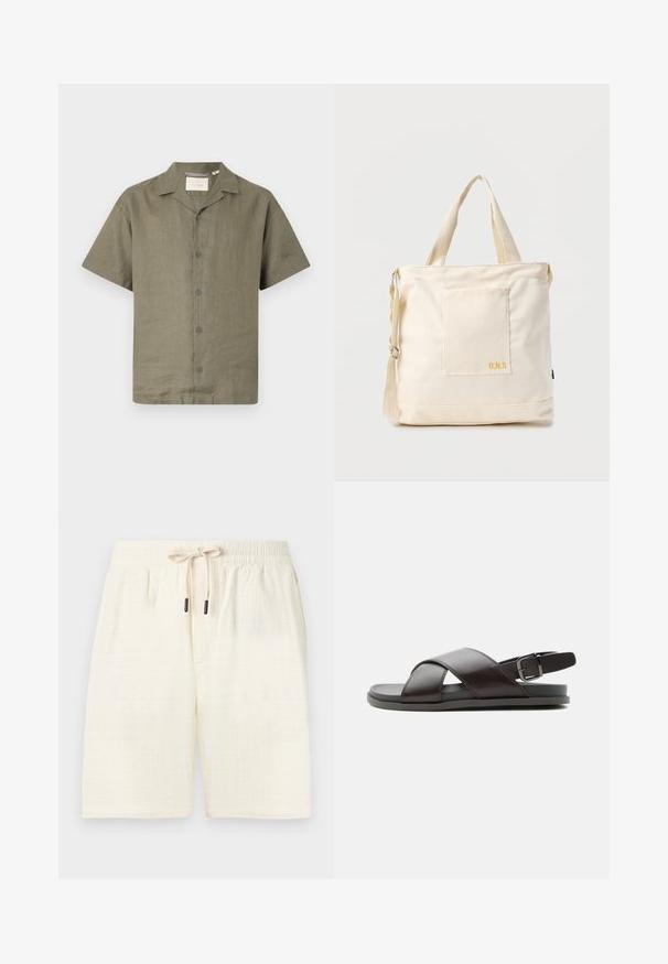 Chemise à manches courtes en lin vert olive avec un col camp et six boutons assortis à l'avant, présentant une coupe décontractée et un tissu texturé.; Shorts de couleur crème en tissu texturé avec un motif à carreaux. Équipés d'une taille élastique avec un cordon de serrage et de deux poches latérales.; Sandale en cuir marron foncé homme avec brides croisées et bride de talon réglable avec boucle sur semelle plate, vue de profil.; Sac fourre-tout en toile crème avec poche avant, deux poignées, bandoulière réglable et petit texte jaune "O.N.S" en bas à droite de la poche.