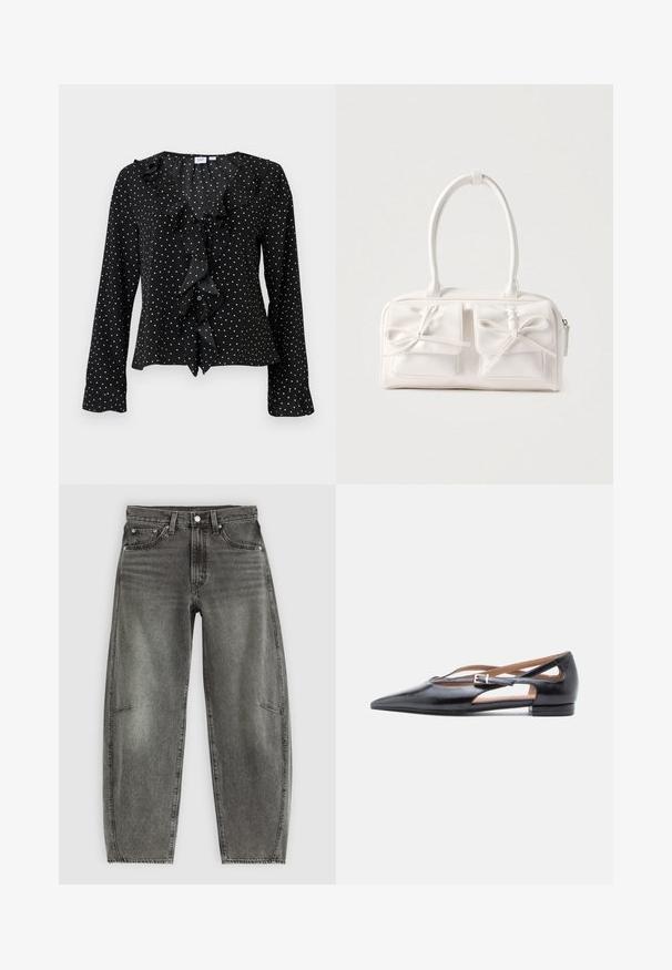 Blusa negra de manga larga con lunares blancos, detalles fruncidos en el frente y cuello en V de la marca GAP.; Jeans de mezclilla gris deslavado de cintura alta con cinco bolsillos, cierre de botón y un corte recto relajado.; Zapatos planos de cuero negro con punta afilada, lados abiertos y una pequeña correa en el tobillo con un detalle de hebilla plateada.; Bolso sintético blanco con dos bolsillos delanteros, cada uno con un detalle de lazo atado. Textura suave, asas redondeadas y cierre de cremallera.