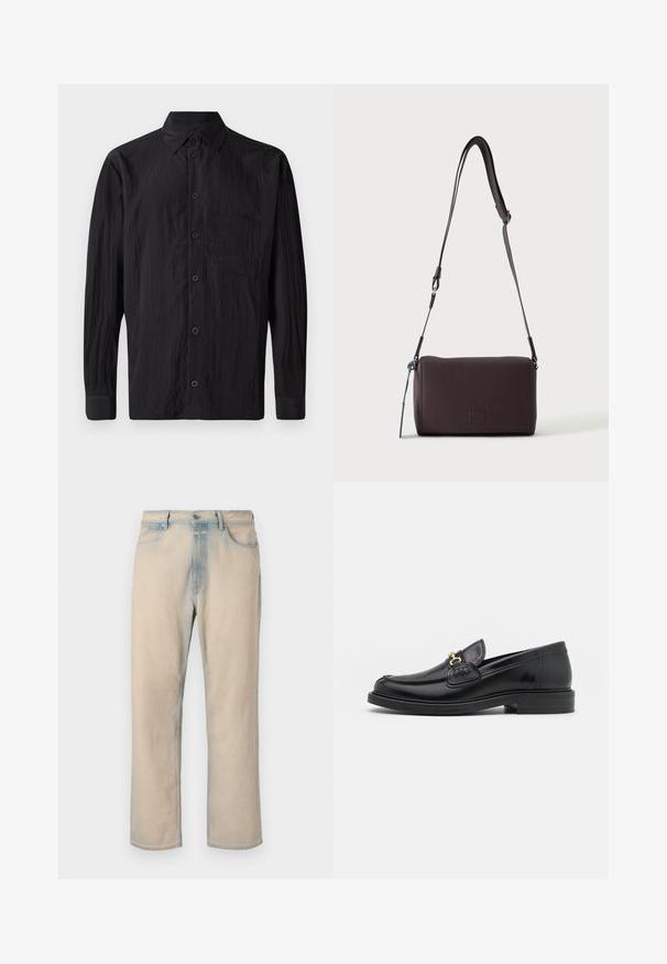 Chemise noire à manches longues en tissu froissé, dotée d'une fermeture à boutons sur le devant, d'un col classique et d'une poche poitrine.; Jean en denim beige clair avec une coupe droite, des accents bleu délavé, cinq poches et une fermeture à bouton à la taille.; Mocassins en cuir noir avec un embout rond, présentant des accents en métal doré et des détails de couture, montés sur une semelle en caoutchouc texturé et basse.; Sac bandoulière en cuir marron foncé texturé avec une sangle réglable et un petit accent décoratif bleu sur le côté.