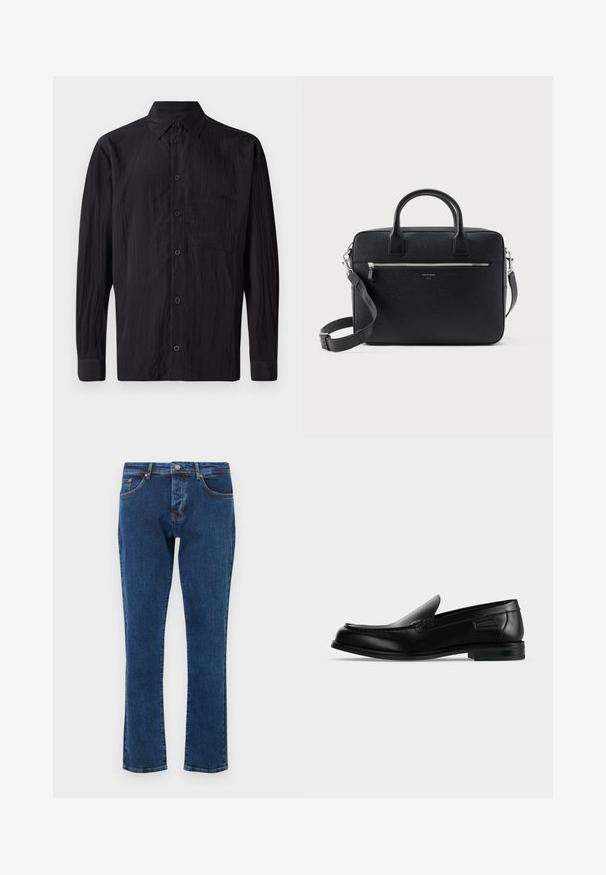 Chemise noire à manches longues en tissu froissé, dotée d'une fermeture à boutons sur le devant, d'un col classique et d'une poche poitrine.; Jean en denim bleu foncé avec une coupe droite, cinq poches et un bouton métallique à la taille. Texture lisse avec une décoloration minimale.; Mocassin noir en cuir à enfiler avec un petit talon, un bout arrondi et des surpiqûres décoratives le long du bord supérieur.; Serviette rectangulaire en cuir noir texturé avec double poignée, poche avant zippée et bandoulière réglable présentée sur fond blanc.