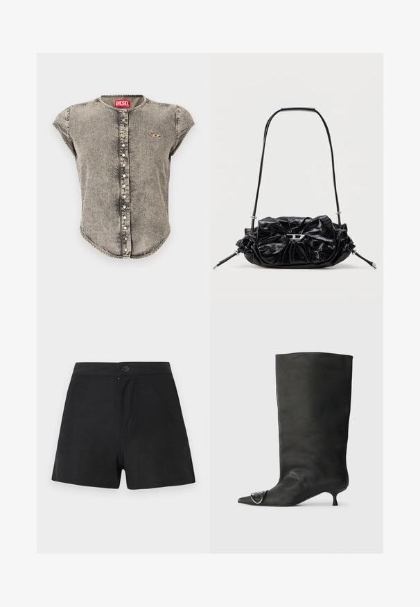 Haut sans manches en denim délavé à l'acide avec boutons-pression sur le devant et étiquette logo Diesel au col et sur la poitrine.; Shorts noirs taille haute avec fermeture à boutons sur le devant et détails subtils de couture, présentés sur un fond gris clair uni.; Bottines en cuir noir à bout pointu, petite talon et détail métallique sur le bout. Texture lisse et mate partout.; Sac à main en cuir noir avec un design froncé et un détail en forme de nœud sur le devant. Dispose d'une poignée courte et d'accents de quincaillerie argentée.