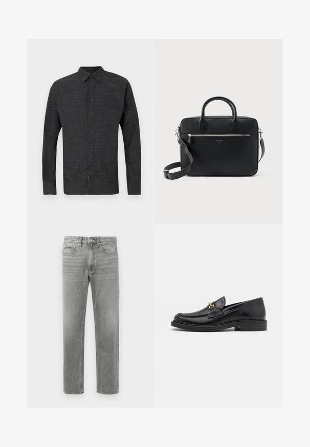 Chemise noire à boutons avec motif à carreaux, manches longues et col classique, fabriquée en tissu léger.; Jean en denim gris à coupe droite, avec un design classique à cinq poches et un léger dégradé pour la texture. Fermeture éclair standard.; Mocassins en cuir noir avec un embout rond, présentant des accents en métal doré et des détails de couture, montés sur une semelle en caoutchouc texturé et basse.; Serviette rectangulaire en cuir noir texturé avec double poignée, poche avant zippée et bandoulière réglable présentée sur fond blanc.