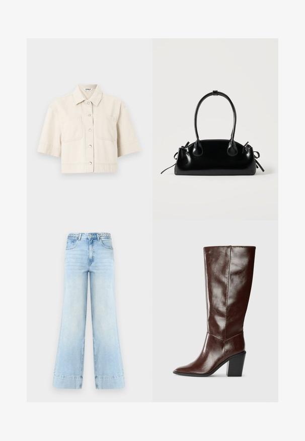 Beige, kurz geschnittene Jacke mit kurzen Ärmeln, Kragen, durchgehender Knopfleiste und zwei aufgesetzten Brusttaschen.; Hellblaue Jeans mit weitem Bein und hohem Bund, geflochtenen Gürtelschlaufen, vorderem Knopf, Reißverschluss und zwei Taschen vor weißem Hintergrund.; Hohe, dunkelbraune Lederstiefel mit einer spitzen Zehe und einem gestapelten Blockabsatz, seitlich vor einem schlichten Hintergrund dargestellt.; Kleine schwarze glänzende Handtasche mit zwei langen Griffen und seitlichen Kordelzug-Details vor einfachem hellem Hintergrund.