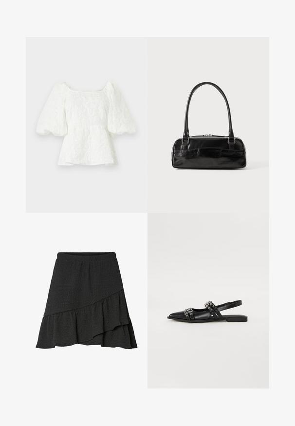 Hvid, tekstureret bluse med firkantet halsudskæring og pufærmer. Har en peplum talje, der viser et blomstermønster hele vejen igennem.; Sort tekstureret omslagsnederdel med asymmetrisk flæsekant og elastisk taljebånd.; Even&Odd Slingback-ballerinasko - black; Sort læderhåndtaske med rektangulær form, der har et enkelt struktureret håndtag, sølvhardware og lynlås-lukning. Glat tekstur.