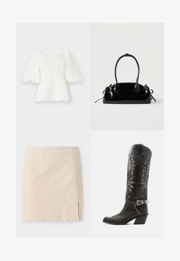 Hvid, tekstureret bluse med firkantet halsudskæring og pufærmer. Har en peplum talje, der viser et blomstermønster hele vejen igennem.; Beige corduroy miniskirt med lodret ribbet tekstur, med en sideslids for ekstra detaljer. Kantene er lige og ensartet syet.; Sort læder cowboystøvle med dekorative udskæringer, sølvspænde og skrå hæl, vist på hvid baggrund.; Lille sort blank håndtaske med to lange håndtag og snøre-detaljer i siden på en ensfarvet lys baggrund.