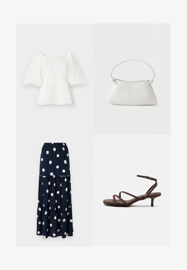 Hvid, tekstureret bluse med firkantet halsudskæring og pufærmer. Har en peplum talje, der viser et blomstermønster hele vejen igennem.; Mørkeblå maxi-nederdel med hvide prikker, der har cirkulære mønstre. Den har et lagdelt design og en elastisk talje for ekstra komfort.; Brun højhælet sandal med tynde krydsede stropper og en ankelrem med en sølvspænde på en hvid baggrund.; Hvid fletlæderhåndtaske med afrundet håndtag og ender på remmen, der er knyttet, vist mod en ensfarvet baggrund.