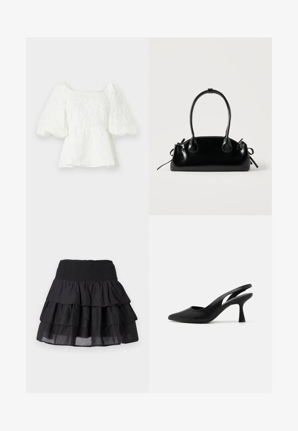 Hvid, tekstureret bluse med firkantet halsudskæring og pufærmer. Har en peplum talje, der viser et blomstermønster hele vejen igennem.; Sort lagkagedræk med en smocket talje. Har tre lag af flæser og et let stof for en svævne udseende.; Sorte slingback hæle med spids tå, lavet af glat læder. Har et udskåret design og en robust, aftrappet hæl.; Lille sort blank håndtaske med to lange håndtag og snøre-detaljer i siden på en ensfarvet lys baggrund.