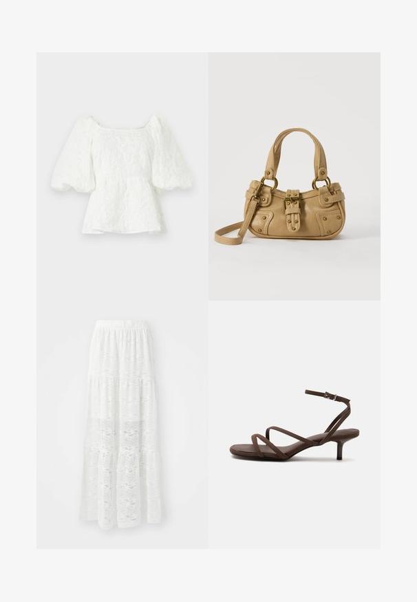 Blouse blanche texturée avec un décolleté carré et des manches bouffantes. Dispose d'une taille peplum, mettant en valeur un motif floral.; Jupe maxi blanche à plusieurs niveaux en dentelle, arborant un motif ondulé et une taille élastique. Design léger et fluide, idéal pour les temps chauds.; Sandale marron à talons hauts avec fines lanières croisées et bride de cheville avec boucle argentée sur fond blanc.; Sac à main en cuir beige avec double poignées, boucle en laiton et détails rivetés, ainsi qu'une bandoulière réglable sur fond blanc.