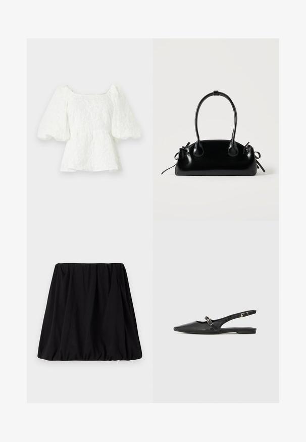 Blusa blanca texturizada con escote cuadrado y mangas abullonadas. Presenta una cintura tipo peplum que exhibe un patrón floral en toda la prenda.; Falda negra, acampanada, hecha de una tela suave, con una cinturilla elástica y una silueta voluminosa. Sin patrones ni adornos visibles.; Zapatos slingback de cuero negro con punta afilada, que cuentan con una correa estrecha y un detalle de hebilla plateada en el lateral. Suela plana.; Pequeño bolso negro brillante con dos asas largas y detalles de cordón lateral sobre un fondo claro liso.