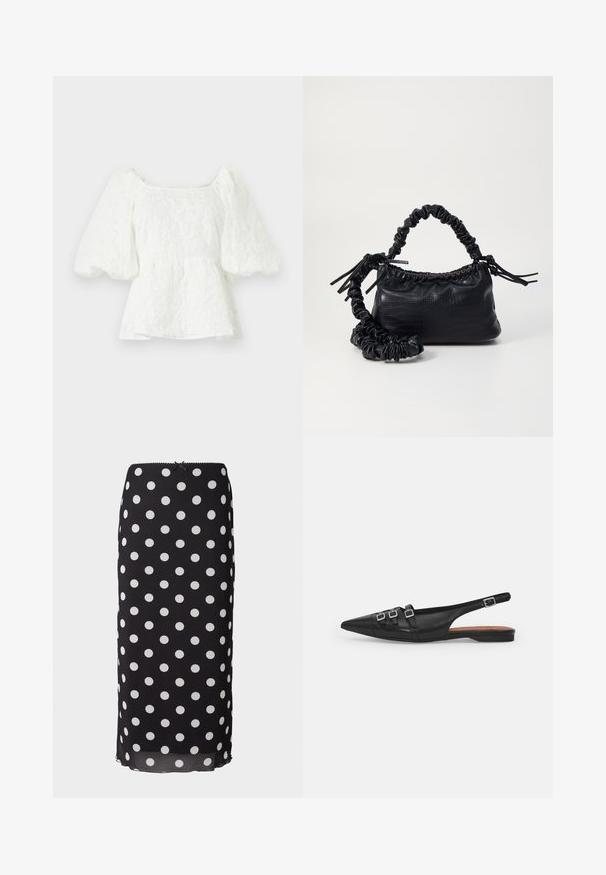 Witte, gestructureerde blouse met een vierkante halslijn en opgeblazen mouwen. Heeft een peplum taille en toont een bloemenpatroon door het hele ontwerp.; Zwarte midi-rok met polka dots, gemaakt van luchtige stof met witte cirkelpatronen, voorzien van een aansluitende tailleband en een subtiele scalloped rand.; Zwarte leren slingback ballerina met spitse neus, voorzien van twee horizontale bandjes en vierkante zilveren gespen, lage hak en een gladde textuur.; Zwarte nepleer handtas met een krokodillenstructuur, opgedroogde bovenkant en een gekreukte hengsel. Het lijkt zacht en compact van ontwerp.
