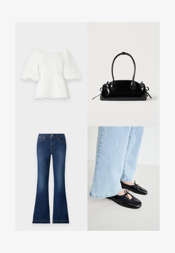 Hvid, tekstureret bluse med firkantet halsudskæring og pufærmer. Har en peplum talje, der viser et blomstermønster hele vejen igennem.; Flared denim jeans i mørkeblå, med forlommer, metalknapper og subtile stiksyningsdetaljer. Cottonstof med en glat tekstur.; Sorte læder balletflade med rund tå, der har udskæringer og sløjfekvaster, båret med lyseblå viddejeans.; Lille sort blank håndtaske med to lange håndtag og snøre-detaljer i siden på en ensfarvet lys baggrund.