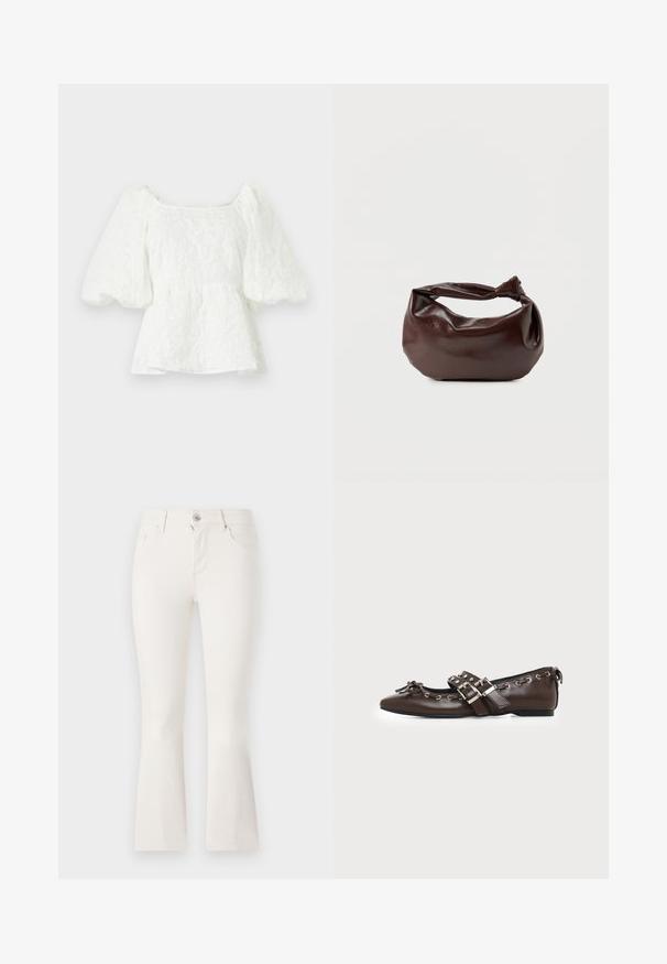 Hvid, tekstureret bluse med firkantet halsudskæring og pufærmer. Har en peplum talje, der viser et blomstermønster hele vejen igennem.; Hvide flaired jeans lavet af denim med en tætsiddende talje, fem lommer og en lynlåslukning foran. Glat tekstur og et rent design.; Mørkebrune lædersko med flad sål og spids snude, dobbelt sølvsnørrebånd, metaløjer og dekorativ sløjfe foran.; Mørkebrun læder skuldertaske med en blød, afslappet form og et snoet knudehåndtag på en ensartet hvid baggrund.