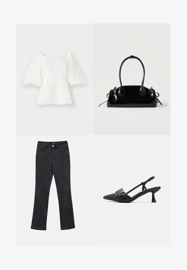 Weiße, strukturierte Bluse mit quadratischem Ausschnitt und puffärmel. Sie hat eine Peplum-Taille und zeigt ein florales Muster. ; Schwarze gerade geschnittene Jeans mit Vorder- und Gesäßtaschen, Gürtelschlaufen und einem Knopfverschluss an der Taille.; Simmi London DALA - Pumps - black; Kleine schwarze glänzende Handtasche mit zwei langen Griffen und seitlichen Kordelzug-Details vor einfachem hellem Hintergrund.