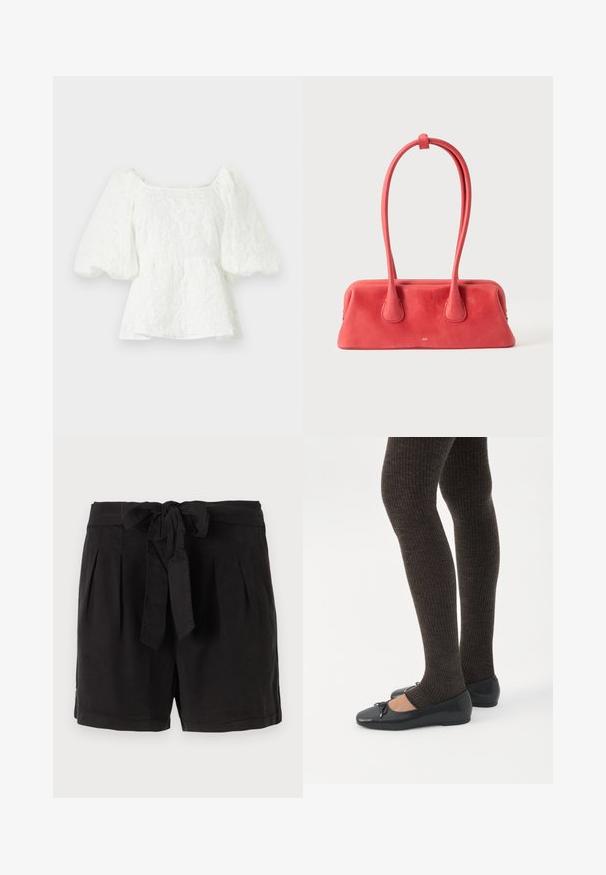 Witte, gestructureerde blouse met een vierkante halslijn en opgeblazen mouwen. Heeft een peplum taille en toont een bloemenpatroon door het hele ontwerp.; Zwarte katoenen shorts met een strikgordel in de taille, plooien aan de voorkant en zijzakken. Gladde textuur en casual ontwerp.; Benen met donkere geribbelde leggings gecombineerd met zwarte ballerina's met kleine strikdetails op een witte achtergrond.; Rode lederen handtas met een lange, dunne lusvormige handgreep die bovenaan is vastgezet, afgebeeld tegen een egale lichte achtergrond.