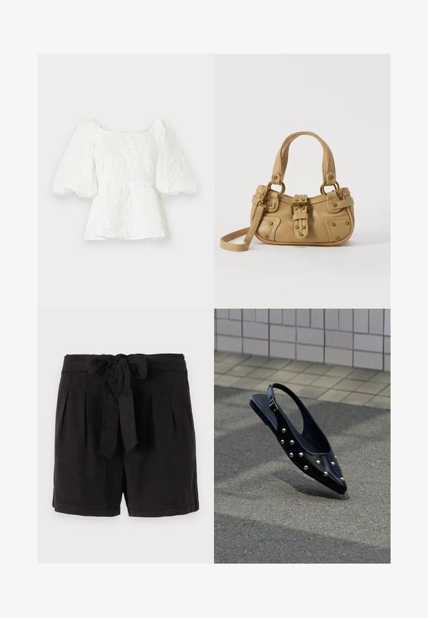 Hvid, tekstureret bluse med firkantet halsudskæring og pufærmer. Har en peplum talje, der viser et blomstermønster hele vejen igennem.; Sorte bomuldsshorts med bindebælte i taljen, plisséer foran og sidelommer. Glat tekstur og afslappet design.; Sort spids slingback-sko med sølvnitter, der svæver over asfalt tæt på flisebelagt væg.; Beige læderhåndtaske med dobbelte håndtag, messing spænde og nitte detaljer samt en justerbar skulderrem mod en hvid baggrund.